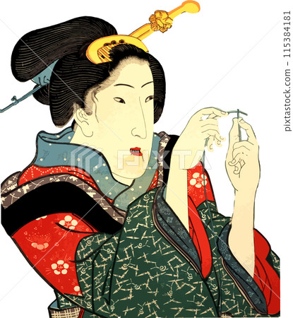 A woman passing a thread through a needle 115384181