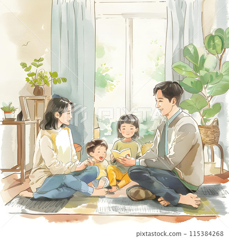 這幅插圖描繪了一家人在客廳裡欣賞圖畫書的溫馨場景。柔和的水彩觸感 115384268