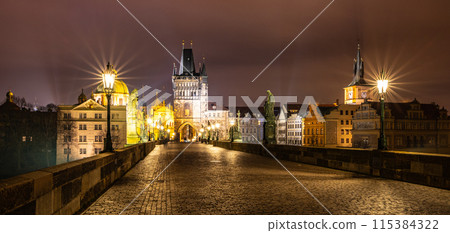 Charles Bridge, Czech: Karluv most, in Christmas time by night. Prague, Czech Republic 115384322