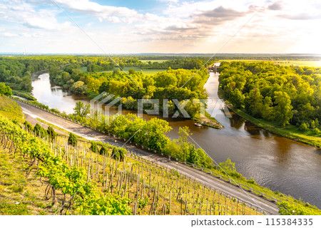 Confluence of Labe river, Vltava river and Vranansko-horinsky channel in Melnik, Czech Republic 115384335