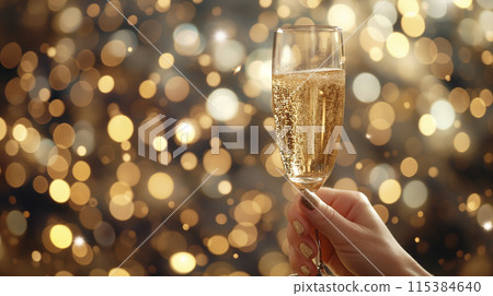 Woman's hand holding a champagne glass (AI generated image) 115384640