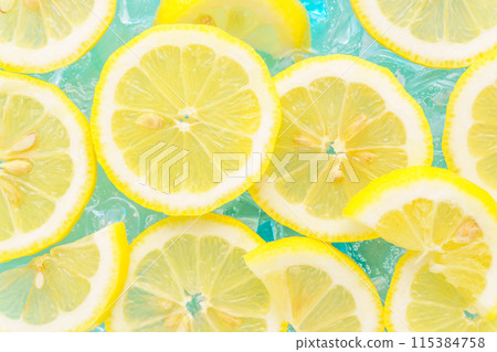 Acrylic ice and carbonated water blue and lemon background 115384758