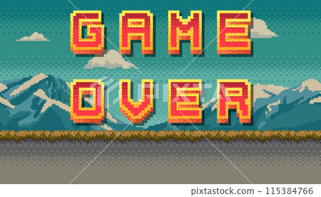 Game over Pixel art design with mountain landscape background. Colorful arcade screen for game design. 115384766