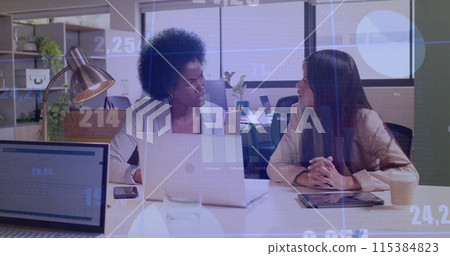 Image of financial data processing over diverse business people in office 115384823