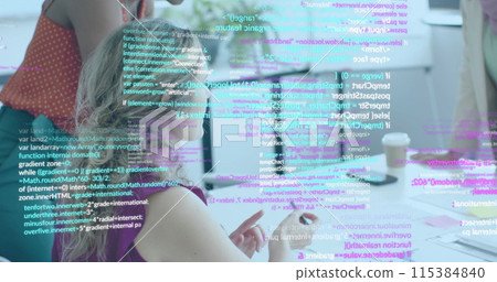 Image of financial data processing over diverse business people in office Image of financial data processing over diverse business people in office 115384840