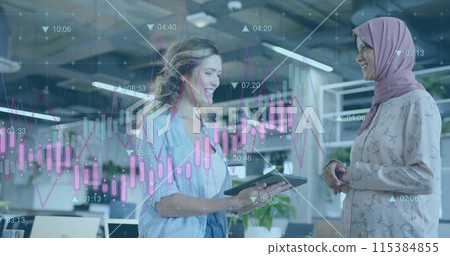 Image of financial data processing over diverse business people in office 115384855
