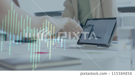 Image of financial data processing over diverse business people in office 115384858