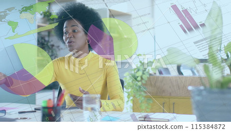 Image of financial data processing over african american businesswoman working in office Image of financial data processing over african american businesswoman working in office 115384872