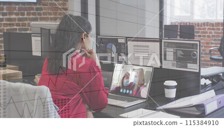 Image of statistics recording over woman using laptop on image call Image of statistics recording over woman using laptop on image call 115384910