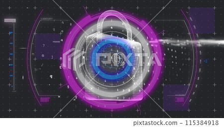 Image of online security padlock, scope scanning and data processing over grid in background 115384918