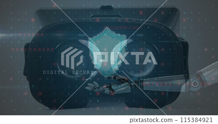 Image of online shield padlock over robot's arm and vr headset in background Image of online shield padlock over robot's arm and vr headset in background 115384921