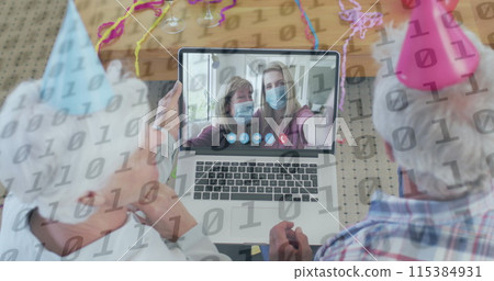 Image of binary coding numbers over senior couple using laptop on image call Image of binary coding numbers over senior couple using laptop on image call 115384931