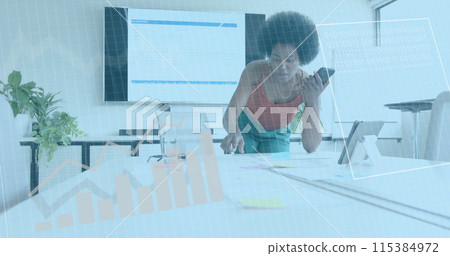 Image of financial data processing over african american businesswoman working in office Image of financial data processing over african american businesswoman working in office 115384972