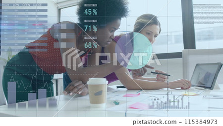 Image of financial data processing over diverse businesswomen in office 115384973
