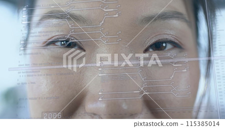 Image of financial data processing over asian businesswoman in office Image of financial data processing over asian businesswoman in office 115385014