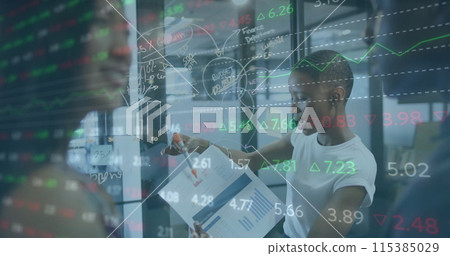 Image of financial data processing over diverse businesspeople working in office Image of financial data processing over diverse businesspeople working in office 115385029