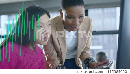 Image of financial data processing over diverse businesspeople working in office 115385030