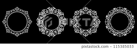 Set of decorative frames Elegant vector element for design in Eastern style, place for text. Floral black and white borders. Lace illustration for invitations and greeting cards. 115385033