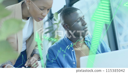 Image of financial data processing over diverse businesspeople working in office 115385042