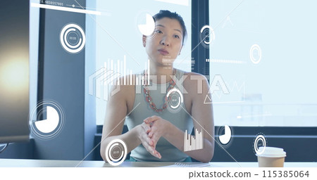 Image of financial data processing over asian businesswoman working in office 115385064