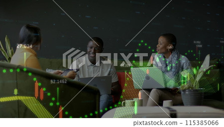 Image of financial data processing over diverse businesspeople working in office 115385066