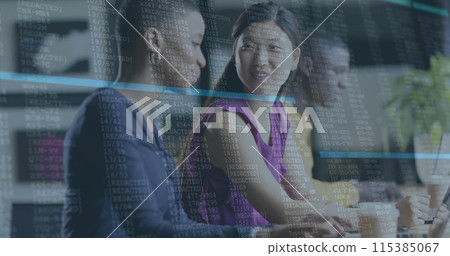 Image of financial data processing over diverse businesspeople working in office Image of financial data processing over diverse businesspeople working in office 115385067