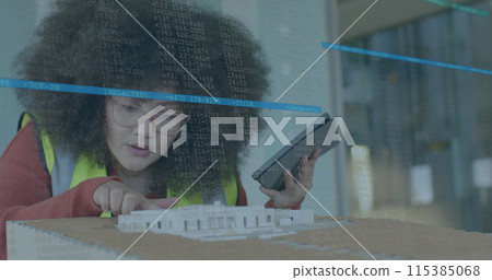Image of financial data processing over biracial woman checking 3d model in office 115385068