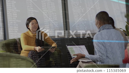 Image of financial data processing over diverse businesspeople working in office 115385069