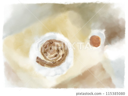A gentle landscape illustration of Danish pastries and tea on a desk 115385080