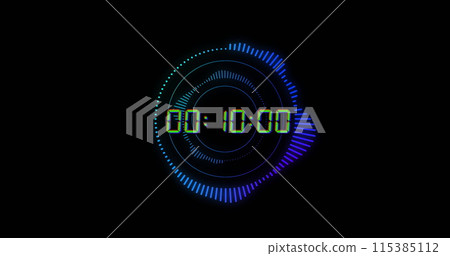 Image of green digital timer changing with blue circles on black background Image of green digital timer changing with blue circles on black background 115385112