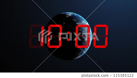 Image of red digital timer changing with globe on black background 115385122