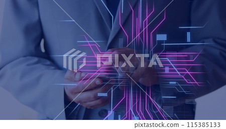 Image of circuit board with data processing over caucasian man using smartphone Image of circuit board with data processing over caucasian man using smartphone 115385133