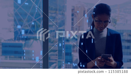 Image of circuit board with data processing over asian woman using smartphone 115385188