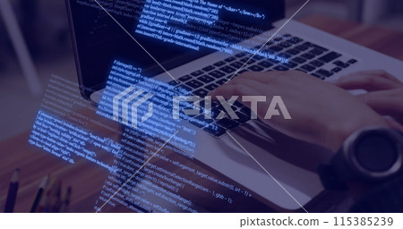 Image of data processing over caucasian woman using laptop 115385239