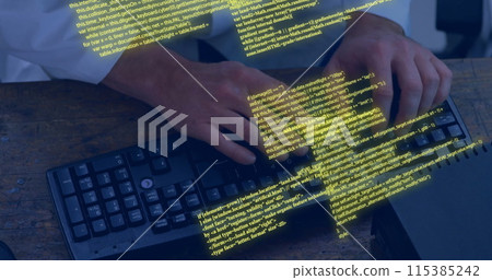 Image of circuit board with data processing over caucasian woman using laptop 115385242