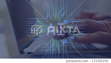 Image of ai text, circuit board with data processing over caucasian woman using laptop 115385245