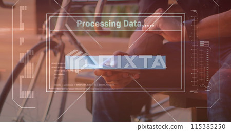 Image of data processing on screen over man using smartphone 115385250
