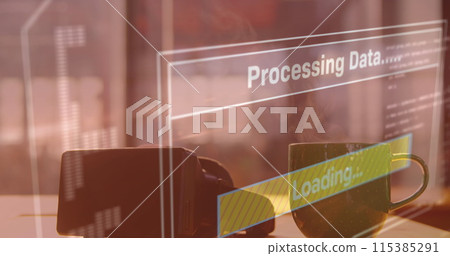 Image of data processing on screen over vr headset 115385291