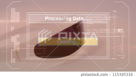 Image of data processing on screen over vr headset 115385316
