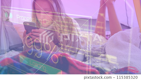 Image of data processing on screen over woman using smartphone 115385320