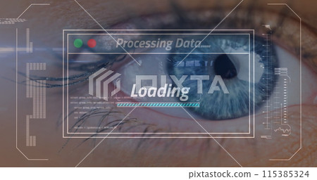 Image of data processing on screen over woman's eye 115385324
