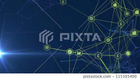 Image of network of connections on blue background Image of network of connections on blue background 115385400