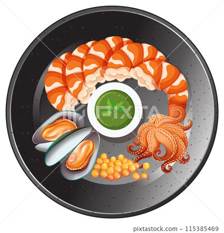 Seafood Platter with Dipping Sauce 115385469