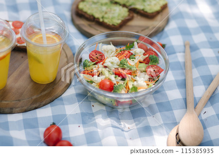 Fresh vegan salad outdoors on blue checkered napkin. Vegan food concept outdoor 115385935