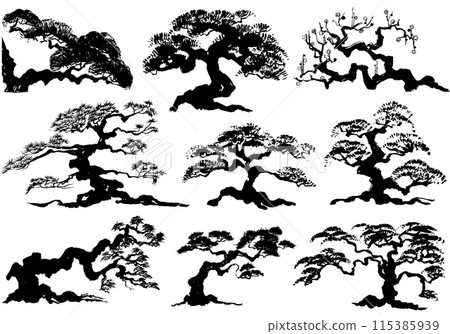 松樹盆景手寫毛筆插圖 115385939
