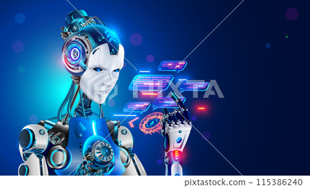 AI chatbot in image robot or cyborg holding in hand message bubbles. Online AI chat bot talk through messenger with user. Technical support bot, internet assistance with artificial intelligence or AI AI chatbot in image robot or cyborg holding in hand message bubbles. Online AI chat bot talk through messenger with user. Technical support bot, internet assistance with artificial intelligence or AI 115386240