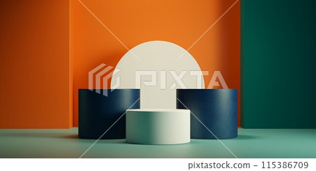 Abstract horizontal template with three cylindrical exhibition stands on a dark green and orange background with white circles. AI generated image Abstract horizontal template with three cylindrical exhibition stands on a dark green and orange background with white circles. AI generated image 115386709