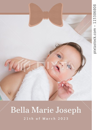Composition of bella marie joseph text with birth date over caucasian baby on beige background Composition of bella marie joseph text with birth date over caucasian baby on beige background 115386808