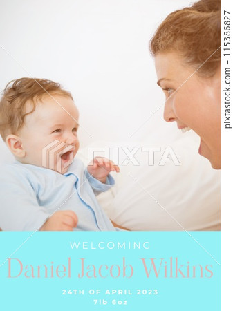 Composition of welcoming daniel jacob wilkins text over caucasian mother and baby Composition of welcoming daniel jacob wilkins text over caucasian mother and baby 115386827