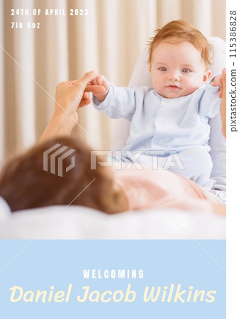 Composition of welcoming daniel jacob wilkins text over caucasian mother and baby 115386828